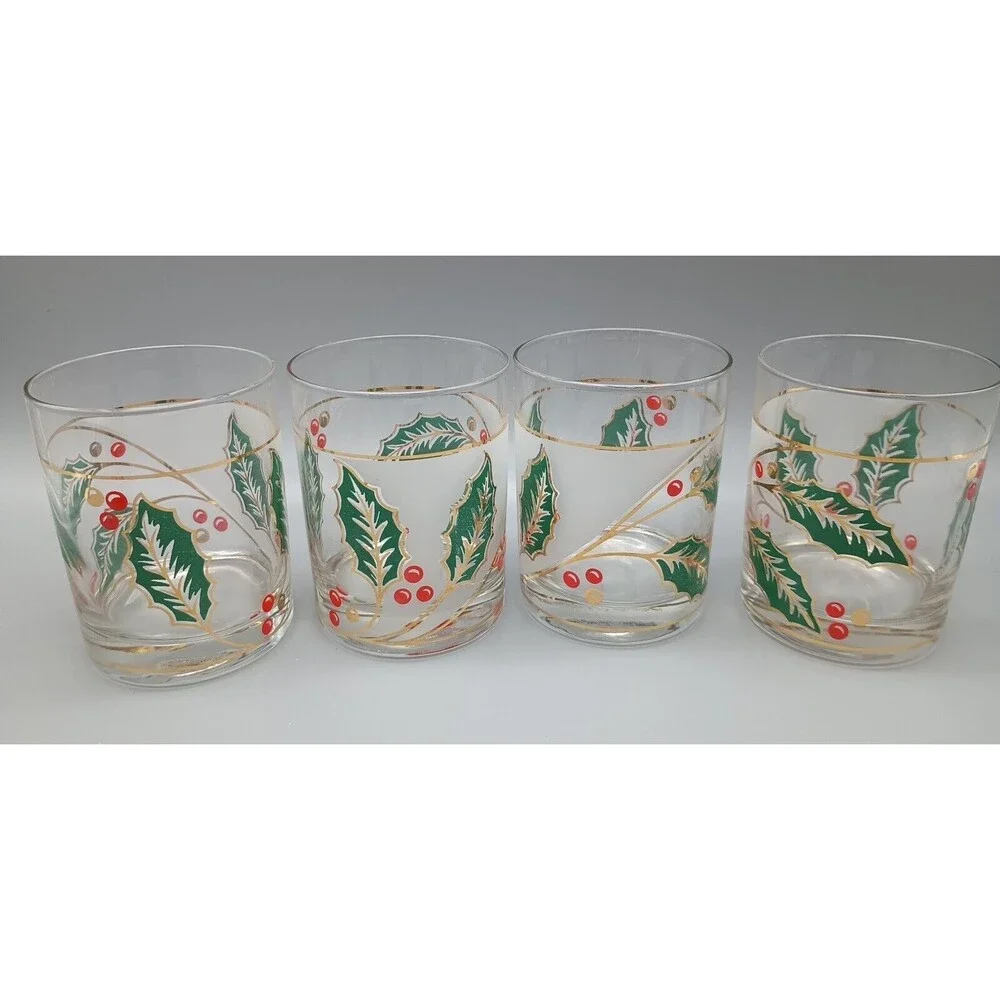 4 Vintage 12 oz Culver Christmas Holiday Holly Leaves & Berries Glasses